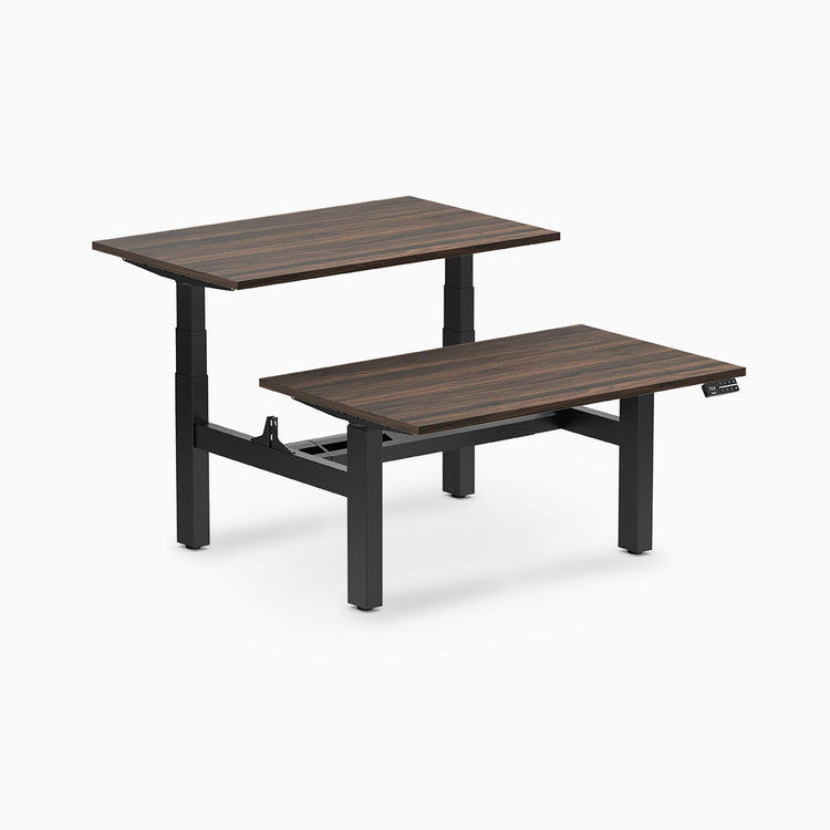 back to back sit stand workstation jarrah legno desk top black legs