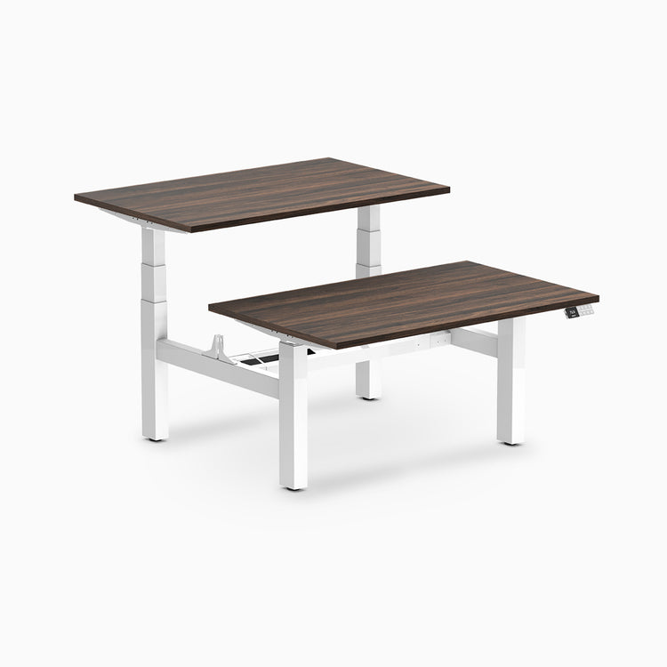 back to back sit stand workstation jarrah legno desk top white legs