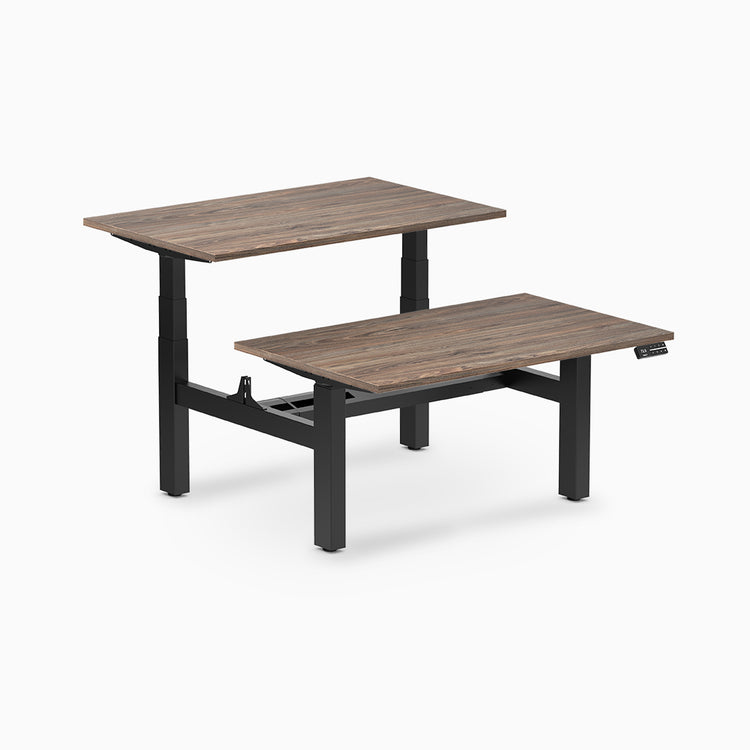back to back sit stand workstation natural walnut desk top black legs