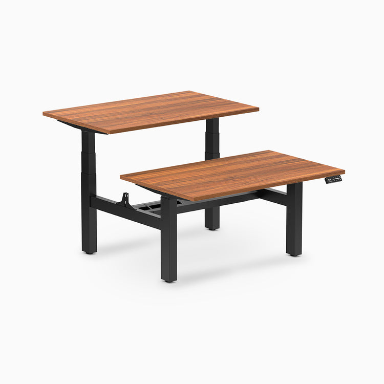 back to back sit stand workstation prime oak desk top black legs