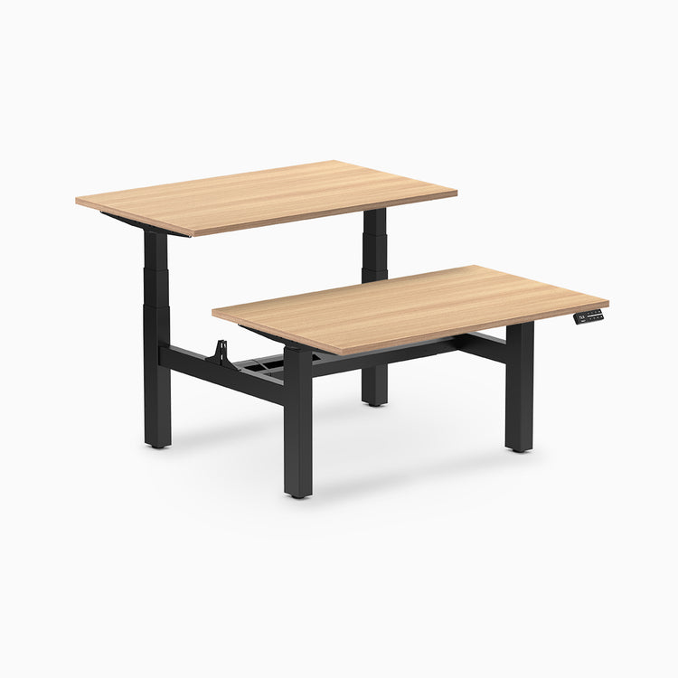 back to back sit stand workstation sublime teak desk top black legs