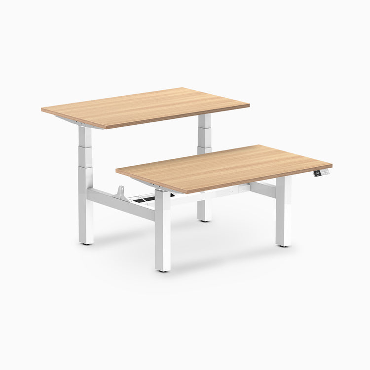 back to back sit stand workstation sublime teak desk top white legs