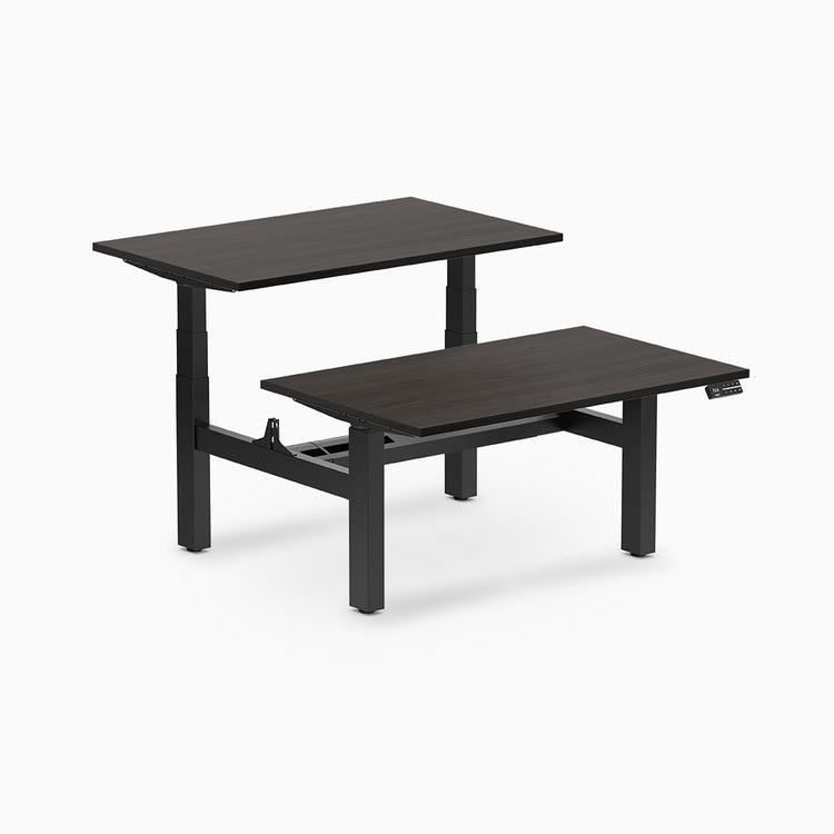 back to back sit stand workstation burnished wood desk top black legs