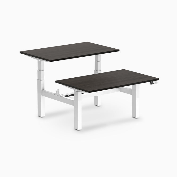 back to back sit stand workstation burnished wood desk top white legs