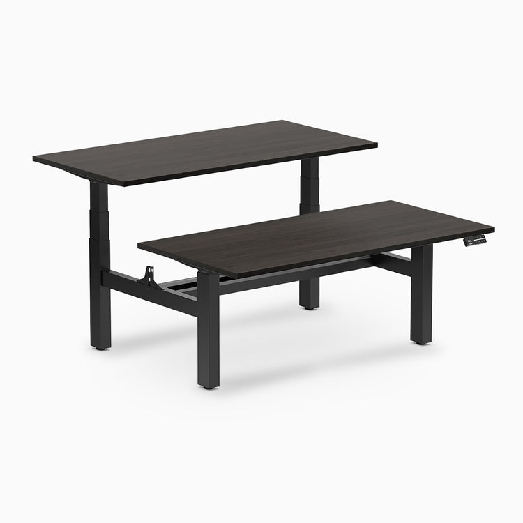 back to back sit stand workstation burnished wood desk top black legs