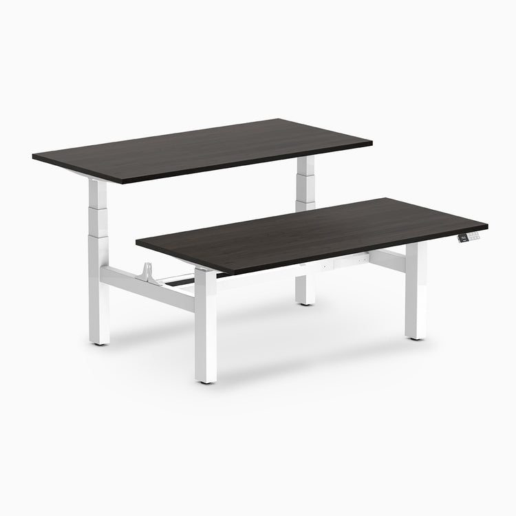 back to back sit stand workstation burnished wood desk top white legs