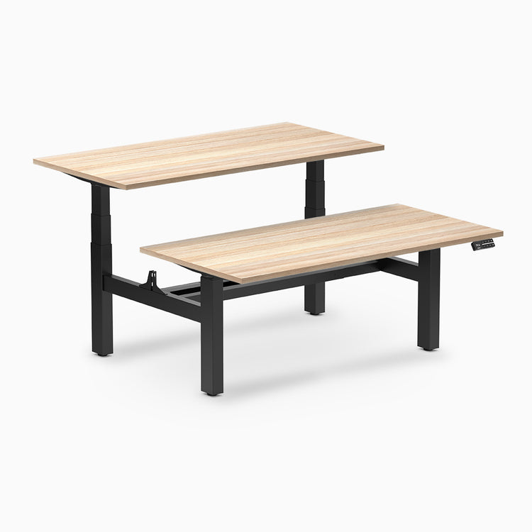 back to back sit stand workstation classic oak desk top black legs