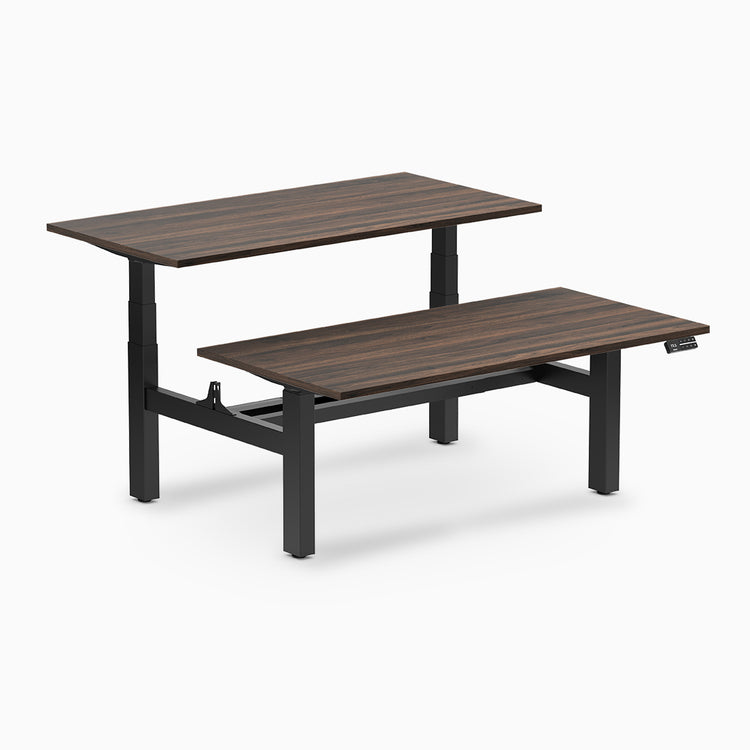 back to back sit stand workstation jarrah legno desk top black legs