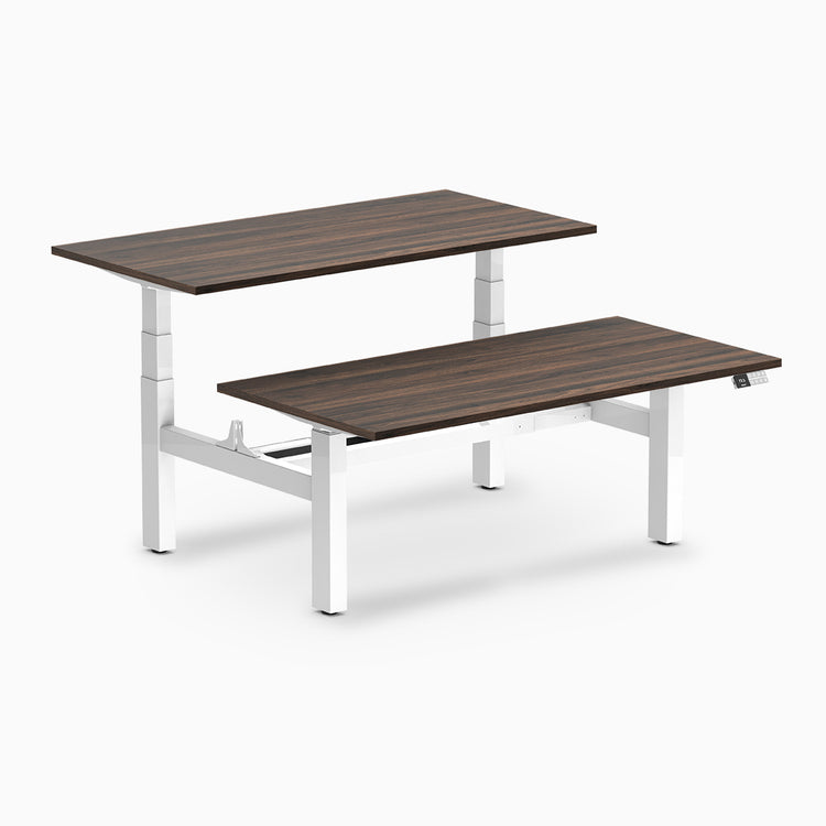 back to back sit stand workstation jarrah legno desk top white legs