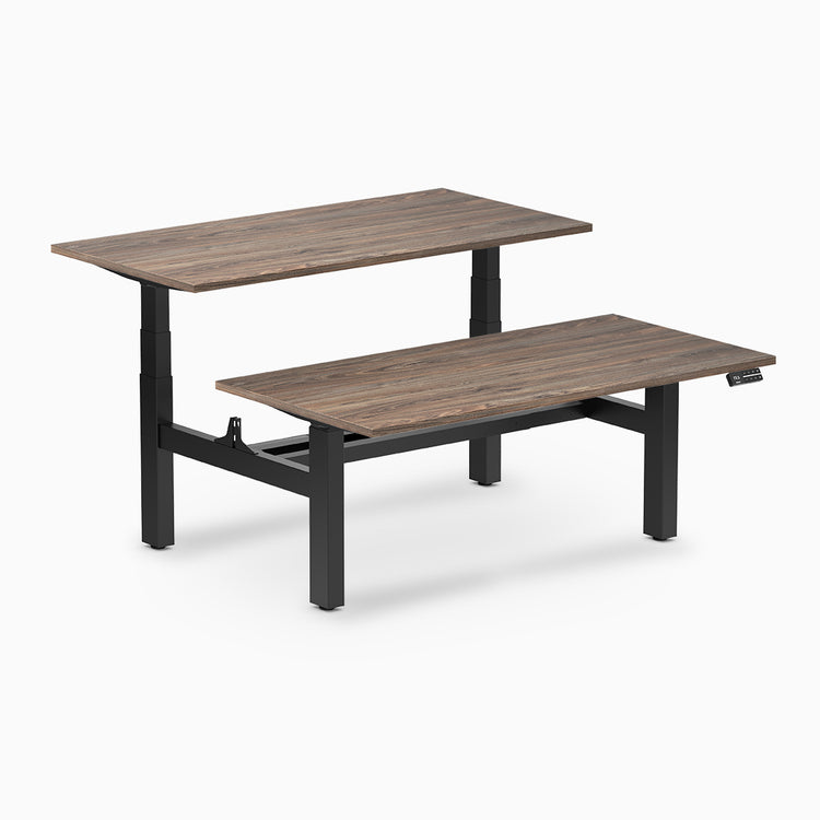 back to back sit stand workstation natural walnut desk top black legs