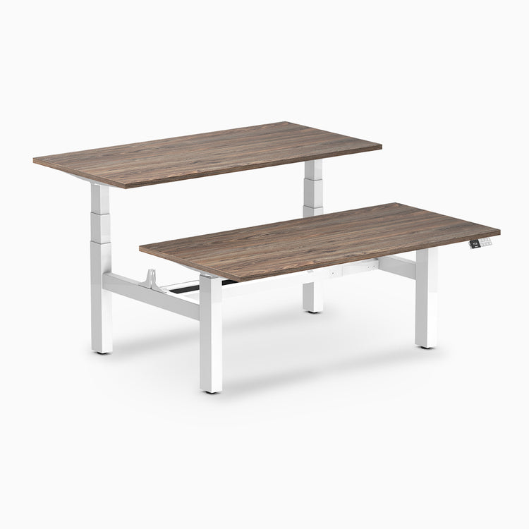 back to back sit stand workstation natural walnut desk top white legs