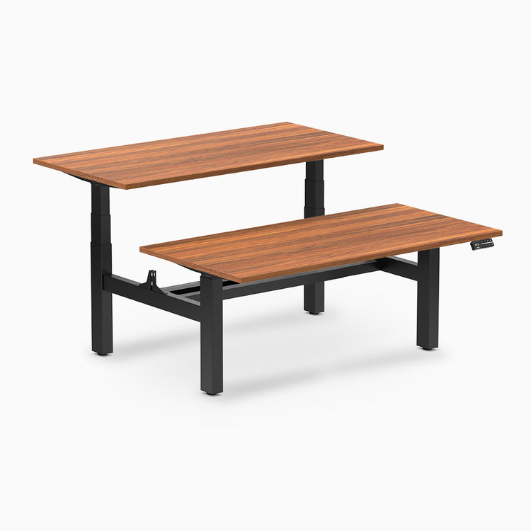 back to back sit stand workstation prime oak desk top black legs