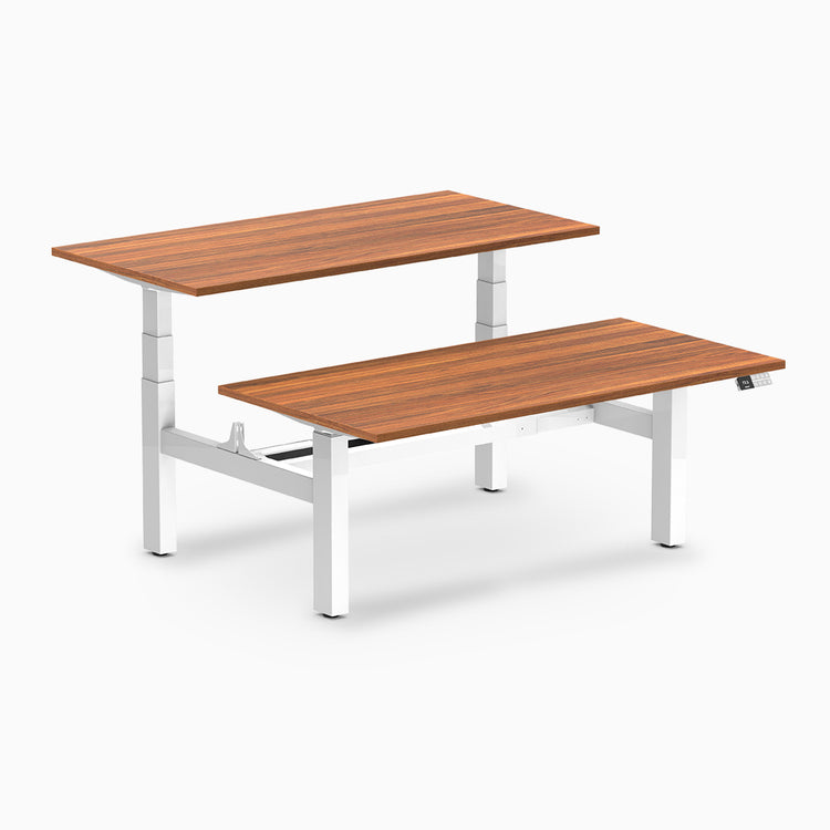 back to back sit stand workstation prime oak desk top white legs