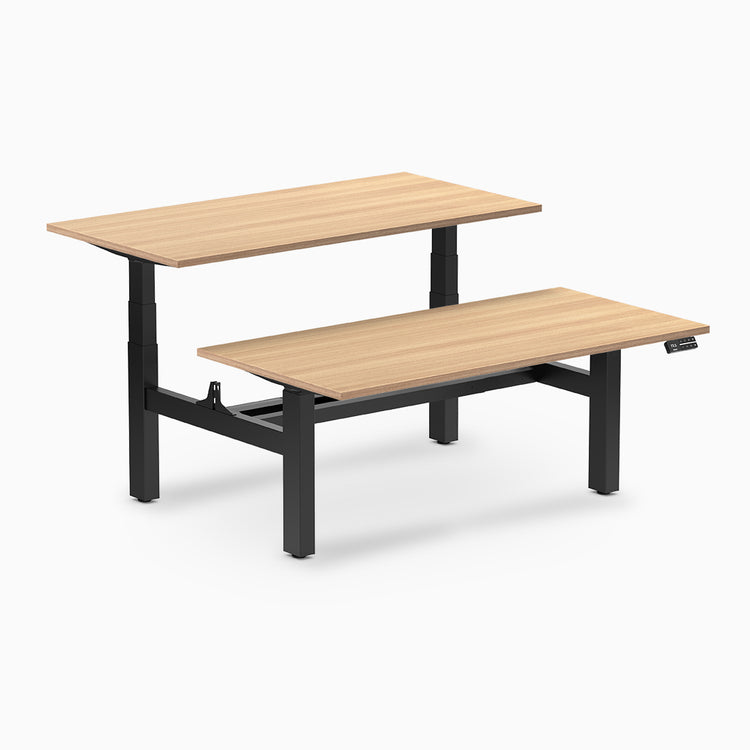 back to back sit stand workstation sublime teak desk top black legs
