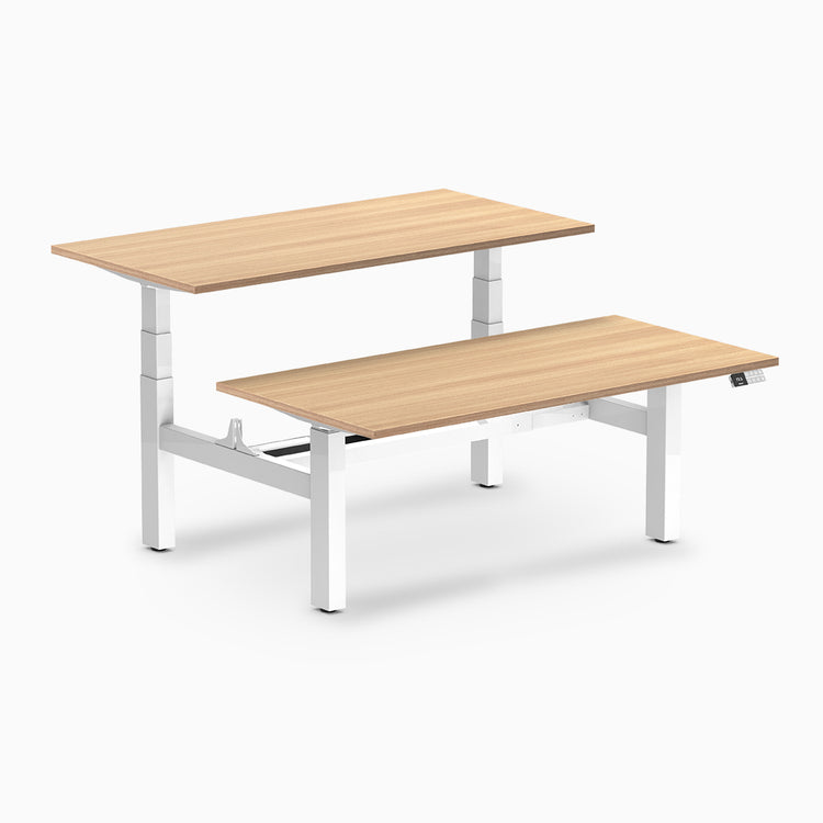 back to back sit stand workstation sublime teak desk top white legs