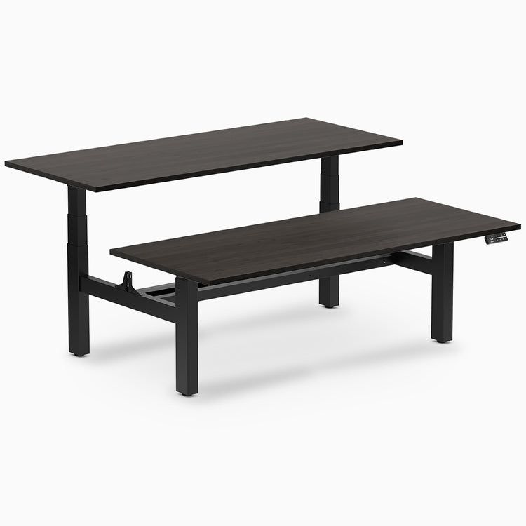 back to back sit stand workstation burnished wood desk top black legs