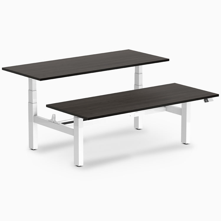 back to back sit stand workstation burnished wood desk top white legs