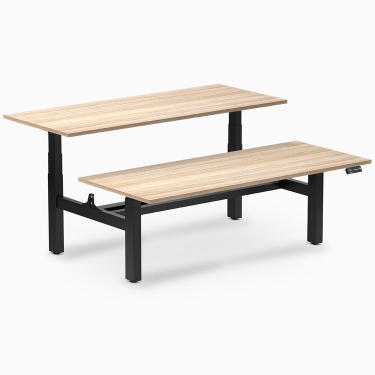 back to back sit stand workstation classic oak desk top black legs
