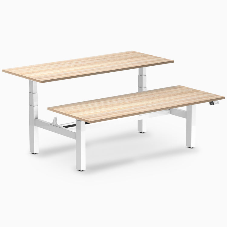 back to back sit stand workstation classic oak desk top white legs