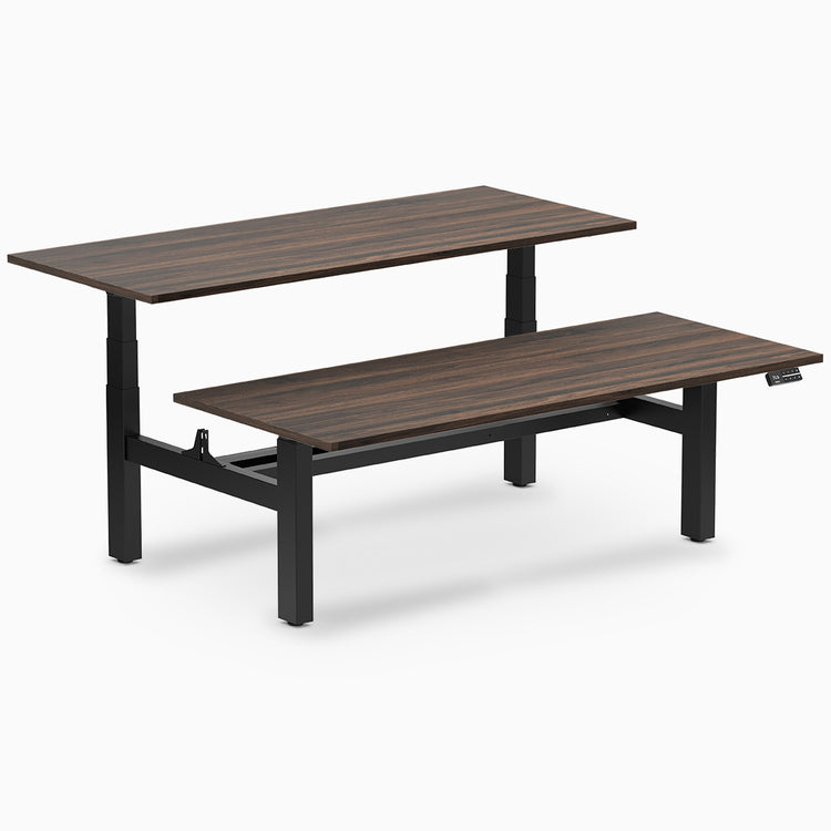 back to back sit stand workstation jarrah legno desk top black legs