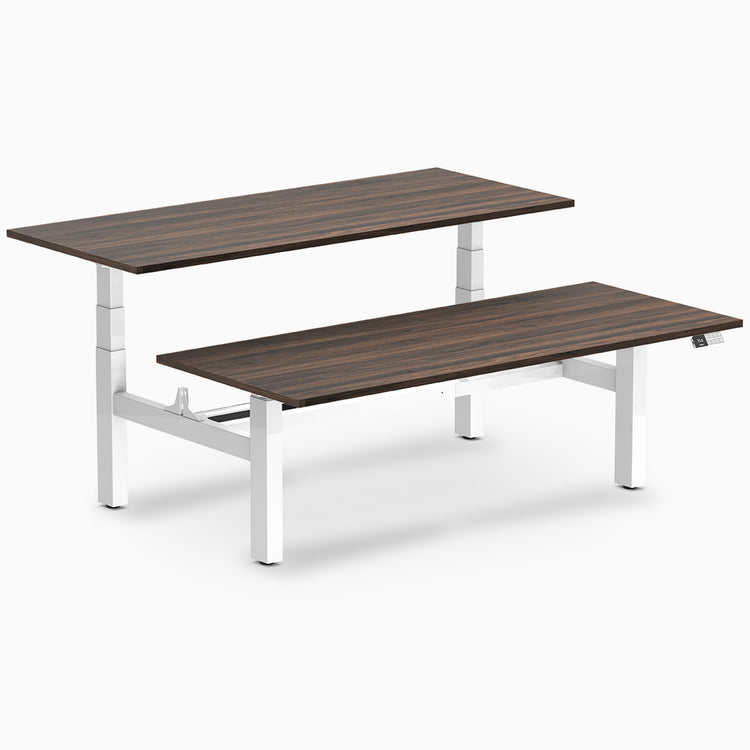 back to back sit stand workstation jarrah legno desk top white legs