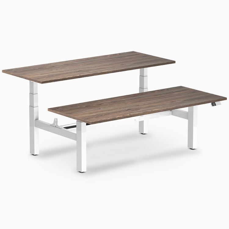 back to back sit stand workstation natural walnut desk top white legs