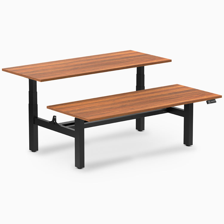 back to back sit stand workstation prime oak desk top black legs