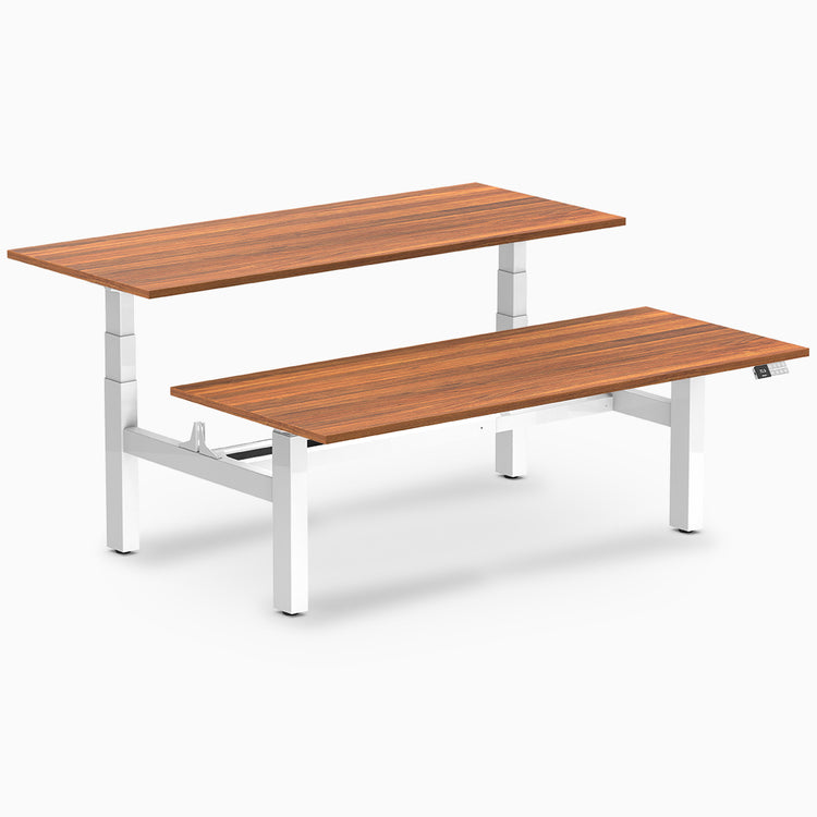 back to back sit stand workstation prime oak desk top white legs