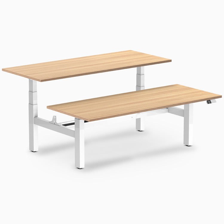 back to back sit stand workstation sublime teak desk top white legs
