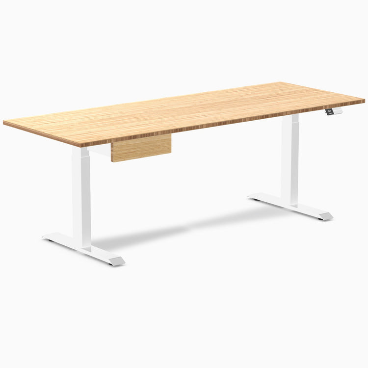 Desky Dual Bamboo Standing Desk With Drawer, Bamboo desktop, White frame