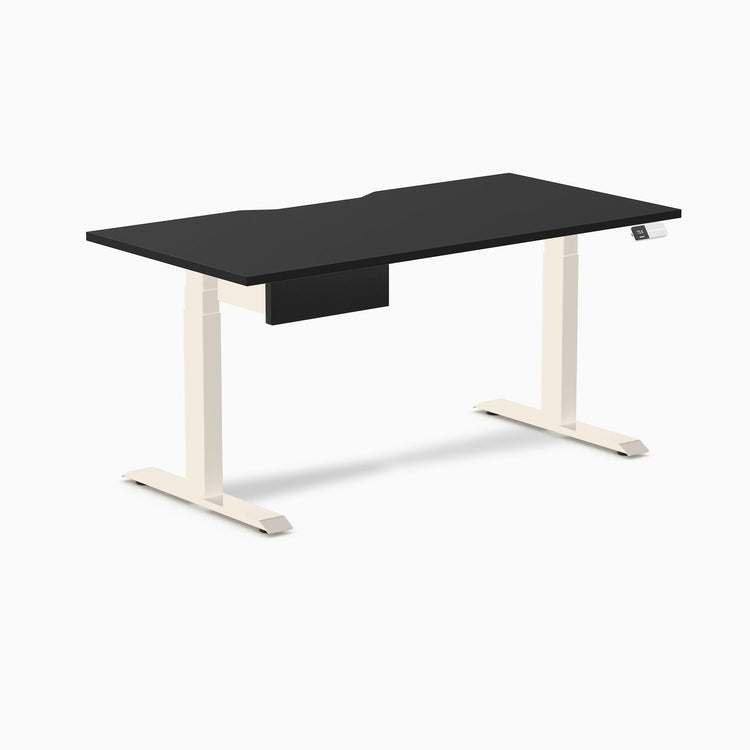 Desky Dual Scalloped Melamine Standing Desk With Drawer, Black desktop, Wheat frame