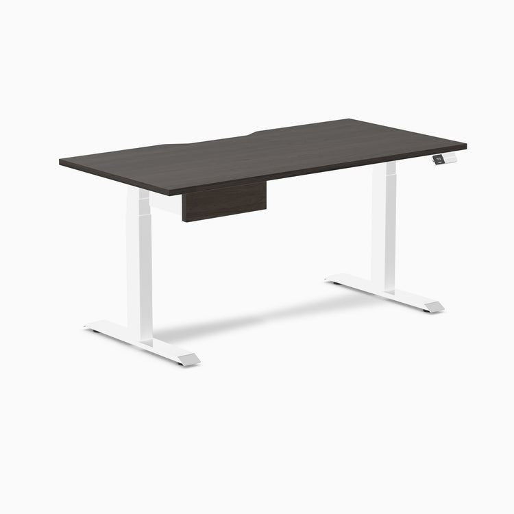 Desky Dual Scalloped Melamine Standing Desk With Drawer, Burnished Wood desktop, White frame