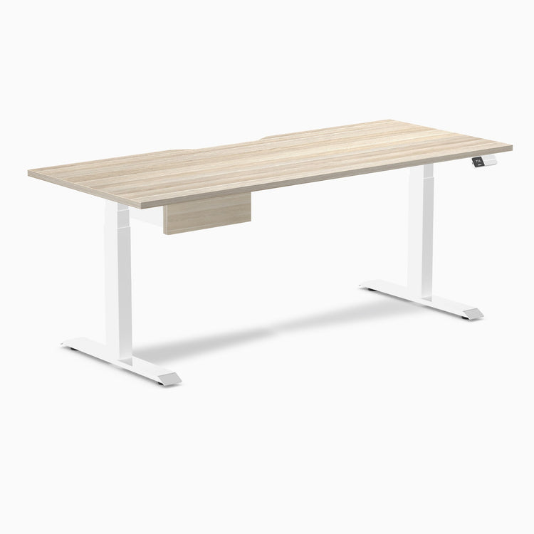 Desky Dual Scalloped Melamine Standing Desk With Drawer, Classic Oak desktop, White frame