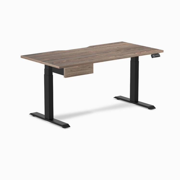 Desky Dual Scalloped Melamine Standing Desk With Drawer, Natural Walnut desktop, Matte Black frame