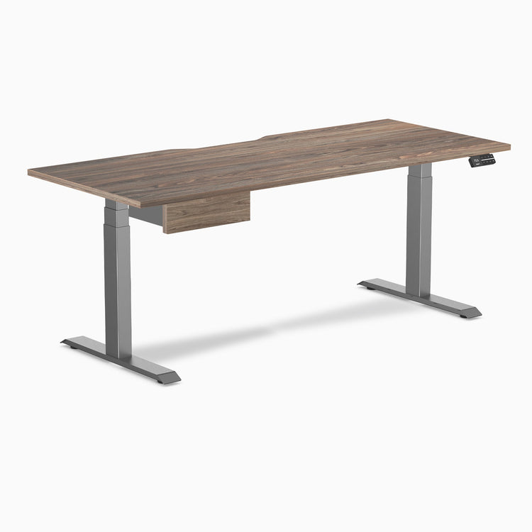 Desky Dual Scalloped Melamine Standing Desk With Drawer, Natural Walnut desktop, Space Grey frame