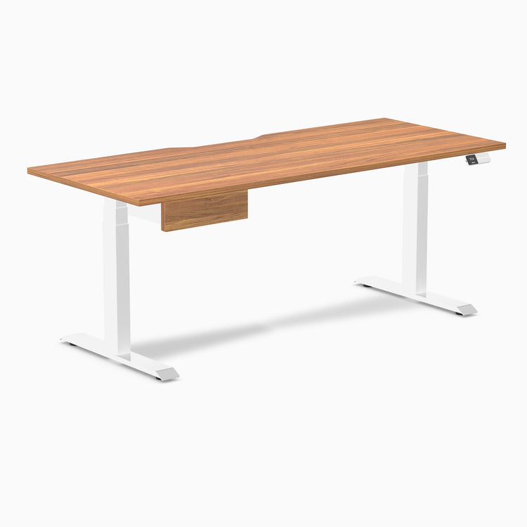 Desky Dual Scalloped Melamine Standing Desk With Drawer, Prime Oak desktop, White frame