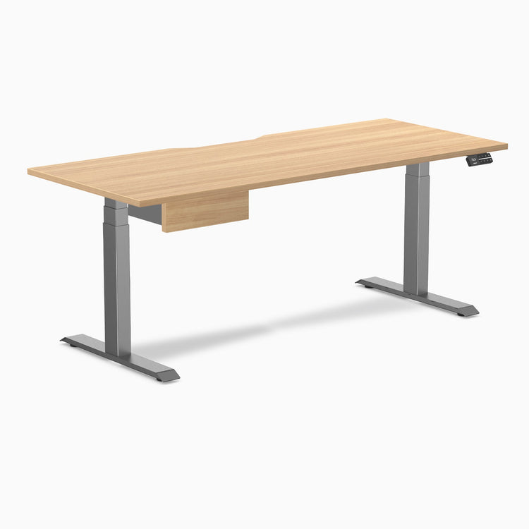 Desky Dual Scalloped Melamine Standing Desk With Drawer, Sublime Teak desktop, Space Grey frame