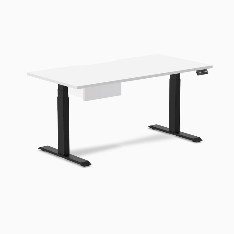 Desky Dual Scalloped Melamine Standing Desk With Drawer, White desktop, Matte Black frame