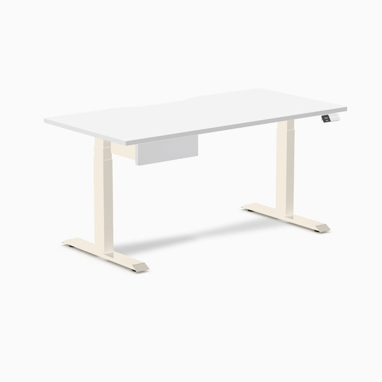 Desky Dual Scalloped Melamine Standing Desk With Drawer, White desktop, Wheat frame