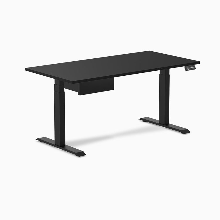 Desky Dual Melamine Standing Desk With Drawer, Black desktop, Matte Black frame