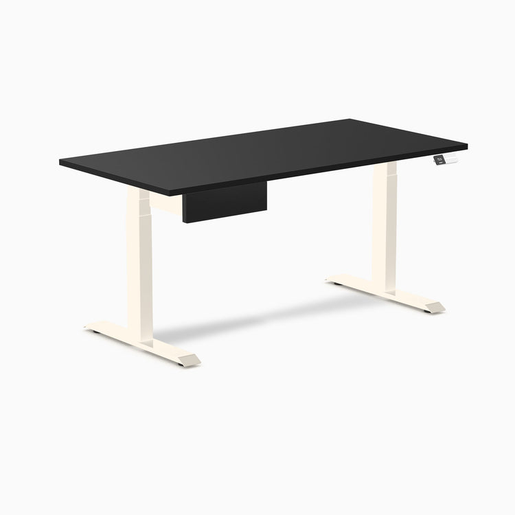 Desky Dual Melamine Standing Desk With Drawer, Black desktop, Wheat frame
