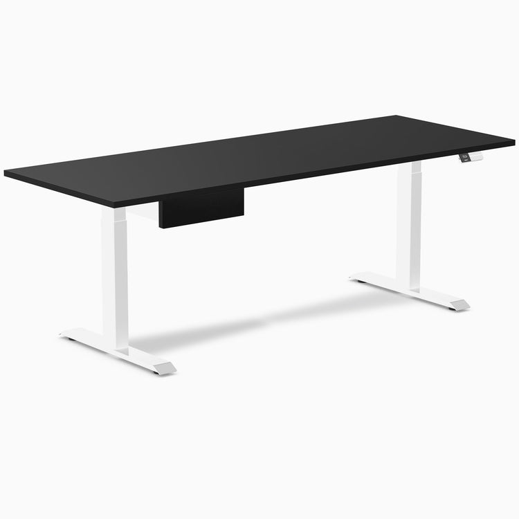 Desky Dual Melamine Standing Desk With Drawer, Black desktop, White frame