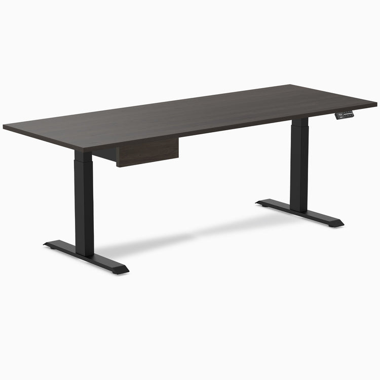 Desky Dual Melamine Standing Desk With Drawer, Burnished Wood desktop, Matte Black frame