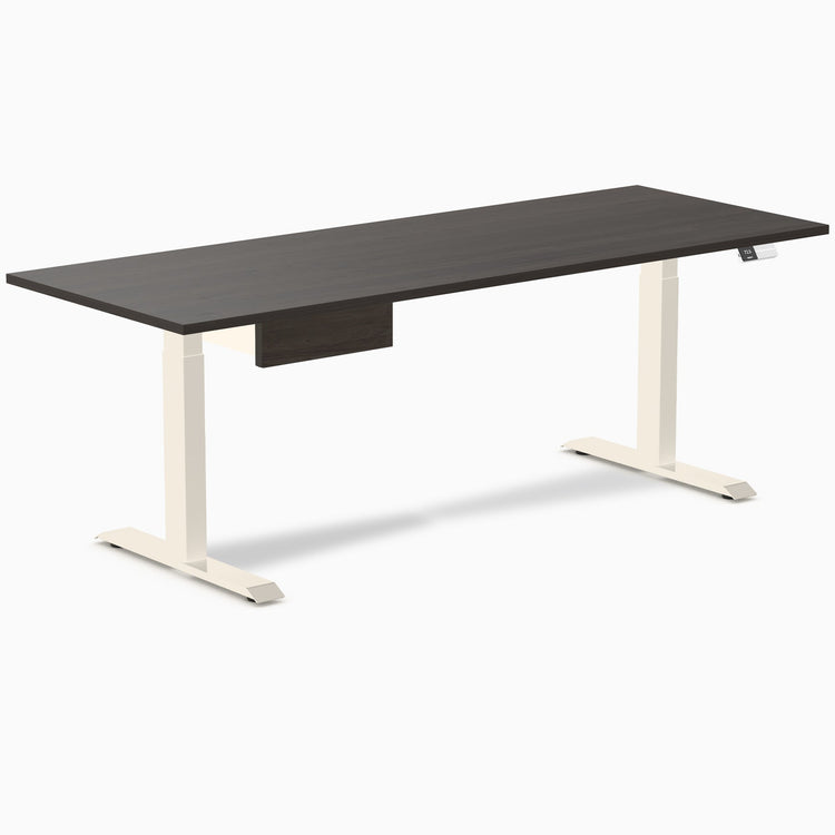 Desky Dual Melamine Standing Desk With Drawer, Burnished Wood desktop, Wheat frame