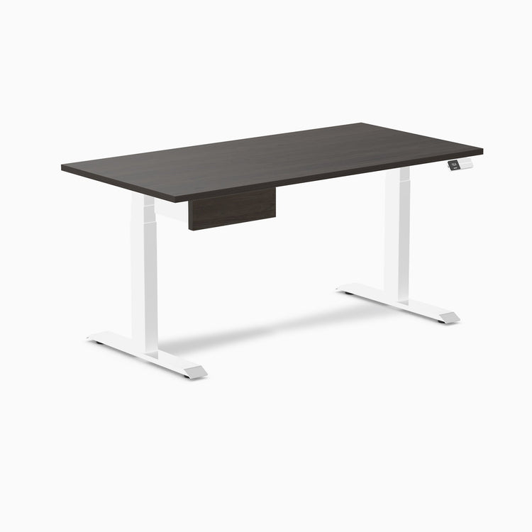 Desky Dual Melamine Standing Desk With Drawer, Burnished Wood desktop, White frame
