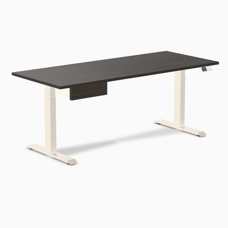 Desky Dual Melamine Standing Desk With Drawer, Burnished Wood desktop, Wheat frame