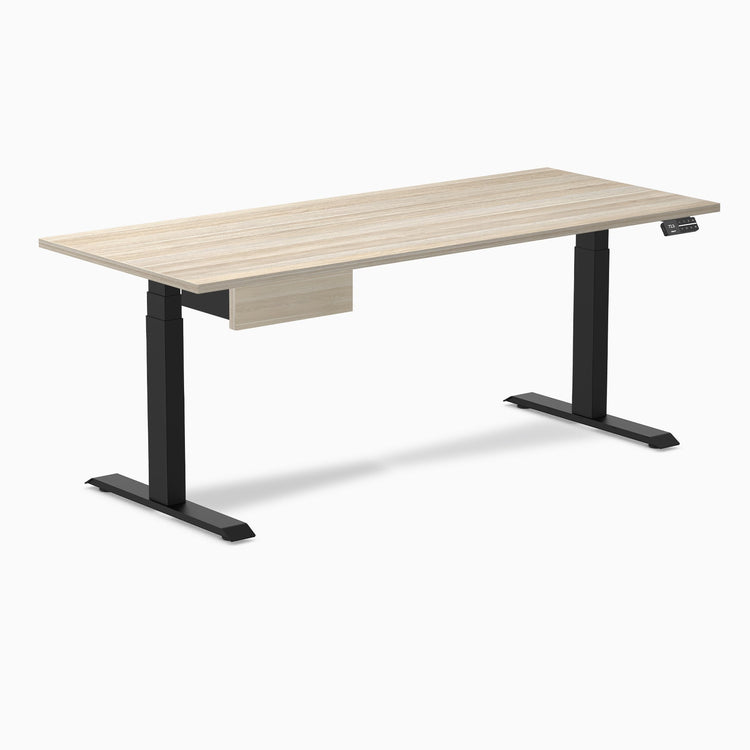 Desky Dual Melamine Standing Desk With Drawer, Classic Oak desktop, Matte Black frame