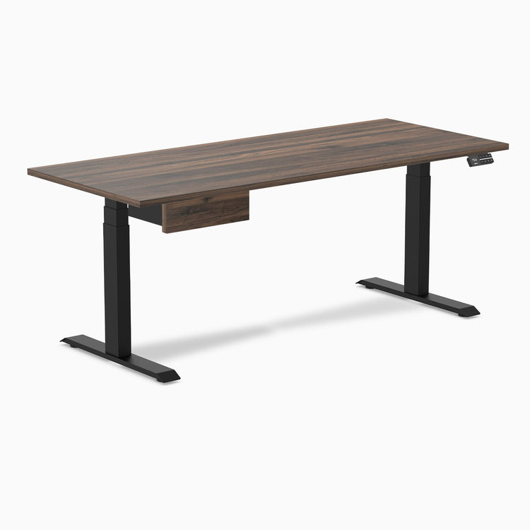 Desky Dual Melamine Standing Desk With Drawer, Jarrah Legno desktop, Matte Black frame