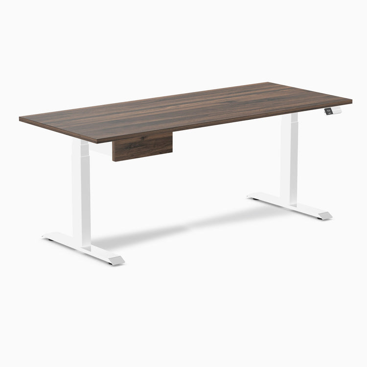 Desky Dual Melamine Standing Desk With Drawer, Jarrah Legno desktop, White frame
