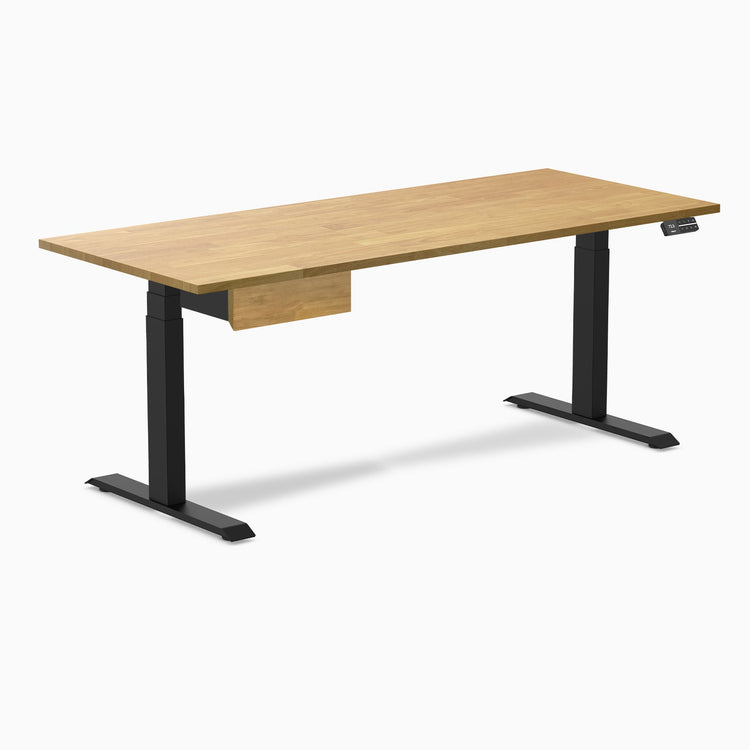 Desky Dual Rubberwood Standing Desk With Drawer, Light Oak desktop, Matte Black frame